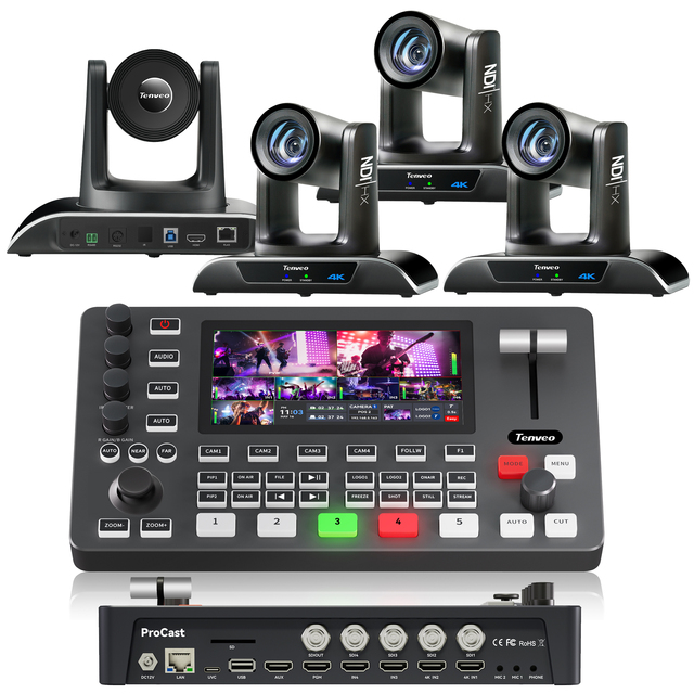 4pcs VHD20H-4K-NDI 4K 20x Zoom NDI PTZ Conference Camera USB/HDMI/LAN POE + PC500 Video Mixer Switcher for Live Streaming Church