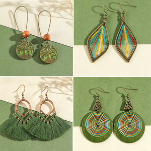 Bohemian Green Tassel <b>Drop</b> Earrings Alloy Antique <b>Bronze</b> Plated Women's Fashion Dangle Earrings - Product Image 1