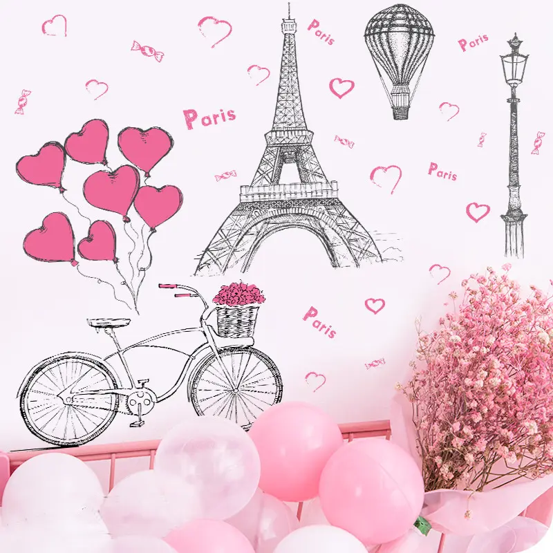 2021 Hot Selling Eiffel Tower Cycle Balloon Cartoon Stickers For Living Room Shop Modern Design Romantic Wall Art Stickers