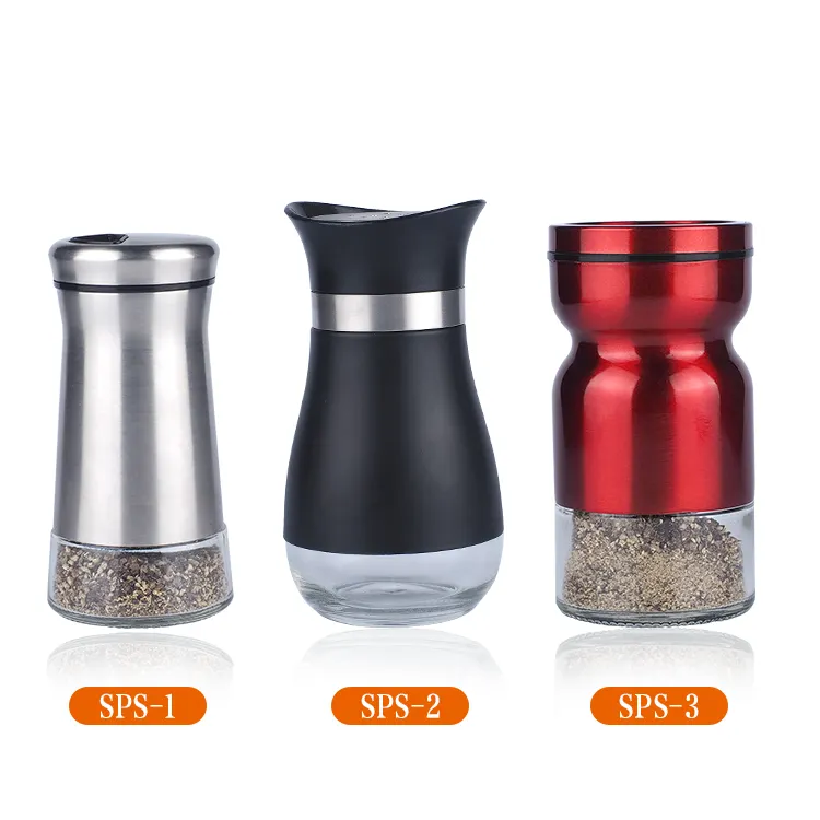 Hot more choices stainless steel salt and pepper shaker, customized color glass adjustment spice bottle jar