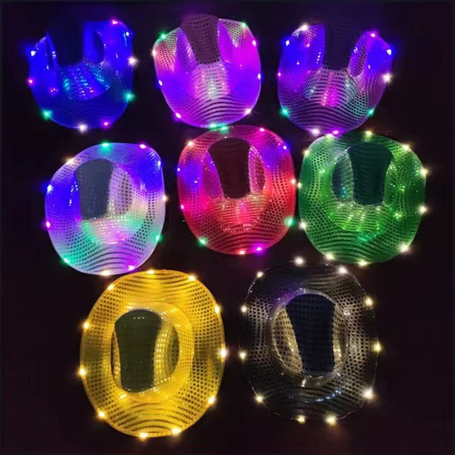 Sombrero vaquero con luz Led y lentejuelas para CEN-005, sombrero brillante para fiesta, disfraz de Bar