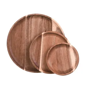 Serving Plates Set Natural Custom Acacia Bamboo Wooden Tray Platters Plate Dish Set For Serving