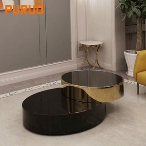 Puruo OEM Modern Luxury Sofa <strong>Table</strong> Black Stainless Steel Plated Brown Color Tempered <strong>Glass</strong> <strong>Nesting</strong> Round Coffee <strong>Table</strong> Set - Product Image 4
