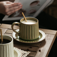 Vente en gros, prêt à expédier, ensemble tasse et soucoupe à café et thé vintage de luxe léger à motif rayé rétro, en céramique