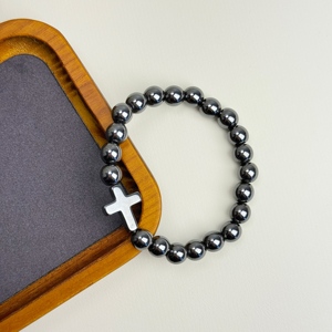 Gelang elastis batu empedu hitam trendi pria, gelang lingkaran tunggal Yoga partisi bermanik-manik 8mm untuk pesta - Product Image 2