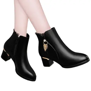 trending middle heel with velvet warm high s boots thick rhinestone pure leather ankle for women