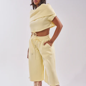 OEM Women's 2 Piece <b>Knitted</b> <b>Set</b> Sleeveless Crop Top With Drawstring Mid Calf Pants Casual Solid Color Spring Summer Wear - Product Image 2