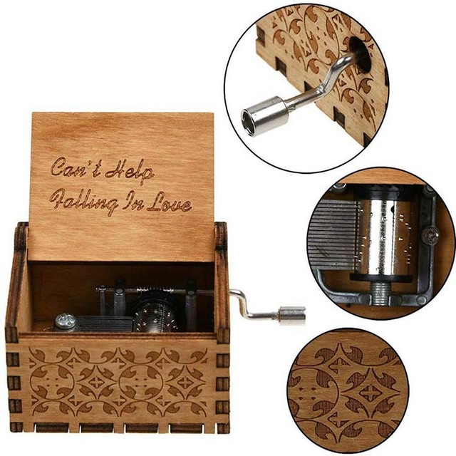 Antique Engraved Wood Music Box "Can't Help Falling in Love" Musical Cases Birthday Present Kid Toys