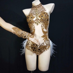 Body Sexy Transparente con <span class=keywords><strong>Plumas</strong></span> de Cristal Dorado para Mujer, Traje de Espalda Descubierta para Club, Ropa de Baile de Stripper Exótica - Product Image 3