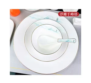 Gaya Eropa 4 Buah Porselen Porselen Tulang Halus Cina Peralatan Makan Piring Putih Keramik Bulat Peralatan Makan