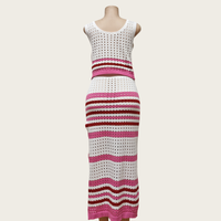 Nouvelle robe en tricot pour femmes d'été, ensemble 2 pièces, col rayé, costume creux, style court, veste fendue, jupe longue pour femmes