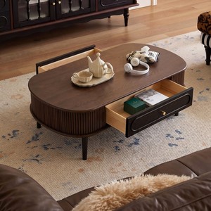 Ripple Patterned Coffee <b>Table</b> Solid Wood Oval Vintage French Style Storage Living Room <b>Sofa</b> Side <b>Table</b> - Product Image 2
