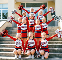 Seragam Cheerleading Sekolah Kustom Merah Putih Biru Dongker Atasan Lengan Panjang Rok Lipit Latihan Tim Pakaian Cheer SMA