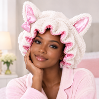 Bonnet de nuit en polaire doux avec oreilles, nœud et volants pour femme – Chapeau de nuit chaud et mignon à motif de dessin animé pour protéger les cheveux à la maison