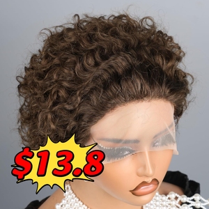 Promoción de $13.8 Pelucas Frontales de Encaje Rizado Pixie 13x4, Pelucas Cortas de Cabello Humano 100% con Ondas de Agua, Cabello Rizado Ondulado y Húmedo - Product Image 1