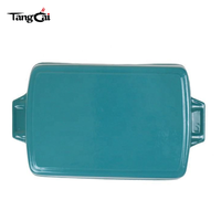 Panci Panggang Persegi Panjang Besi Cor Berlapis Enamel Warna Teal dengan Pegangan Lebar Ganda, Tersedia OEM, untuk Hidangan Keju dan Roti