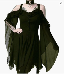 Sling sans bretelles épaule maille manches évasées plissé ourlet irrégulier <span class=keywords><strong>Halloween</strong></span> film TV Costumes femmes gothique <span class=keywords><strong>Punk</strong></span> robe noire - Product Image 5