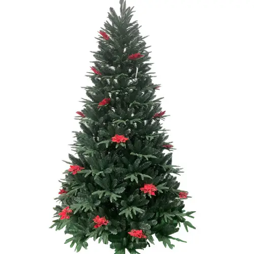 Arbre de Noël simulé vert avec arbre de flocage artificiel et dense haut de gamme avec des décorations de fleurs rouges