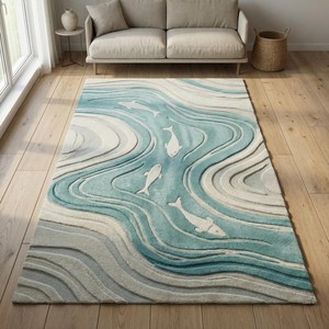 Hand Tufted Teal Off White Fish Wool Area <b>Rug</b> with Modern Wavy River Inspired Texture for Living Room Bedroom Nursery Kids <b>Space</b> - Product Image 4