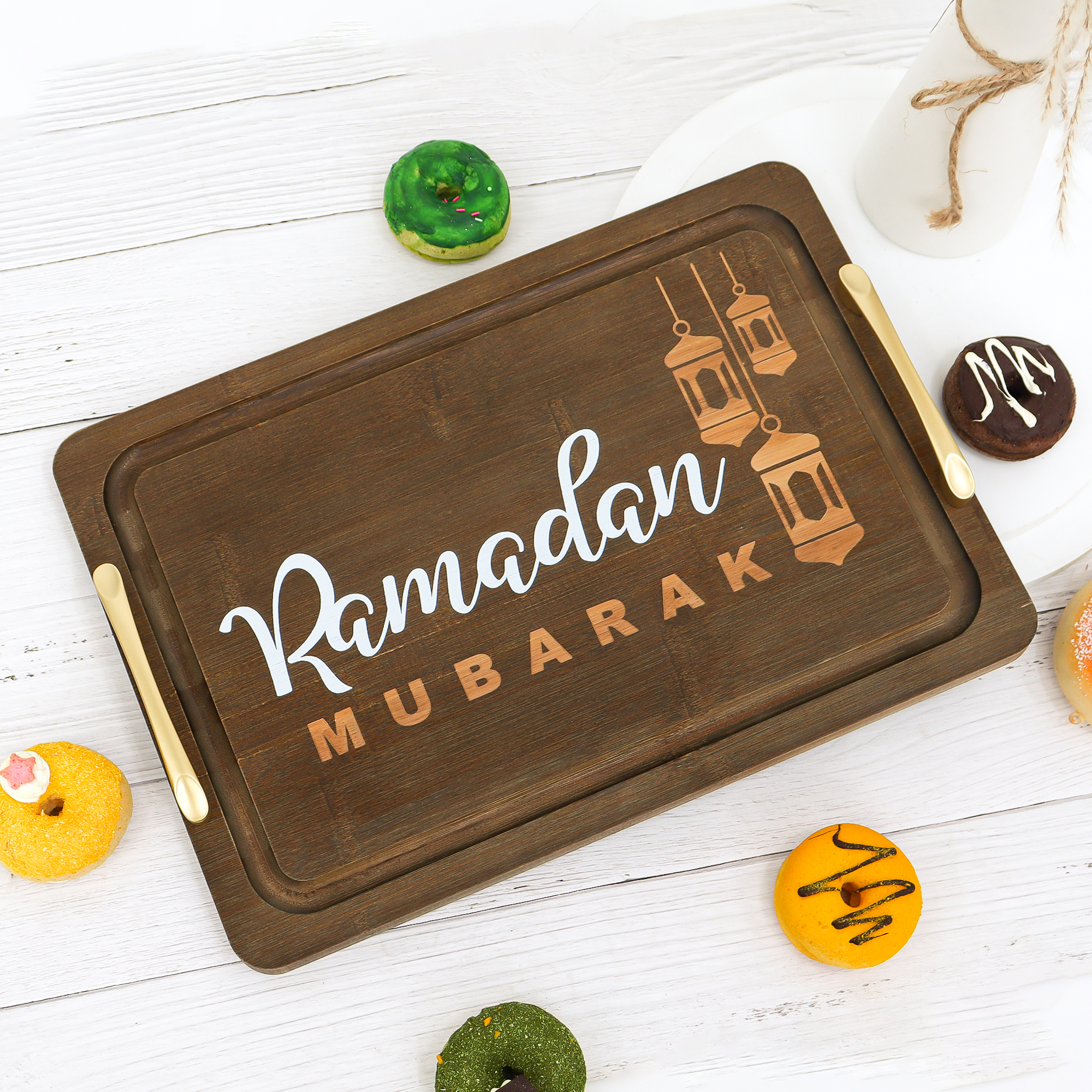 Pafu Eid Mubarak, украшение для дома, бамбуковый поднос для еды Рамадан, Мубарак, поднос для еды с ручками, печенье и молочно-коричневый золотой поднос