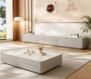 Cream Minimalist Full Rounded Edge TV Stand, Multi Hidden Drawer <b>Large</b> Capacity Low Long Sintered Stone TV Cabinet - Product Image 5