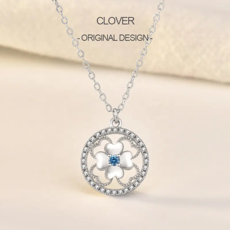 Collar con colgante de flor de trébol de cuatro hojas para mujer, Plata de Ley 925, cristal azul, circón, novedad en línea