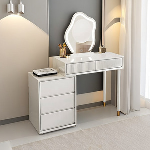 Modern Irregular Cloud LED Lighted Mirror MDF <b>Vanity</b> Desk Panel Design Luxury White Makeup <b>Table</b> 5 Drawers Gold Accents - Product Image 6