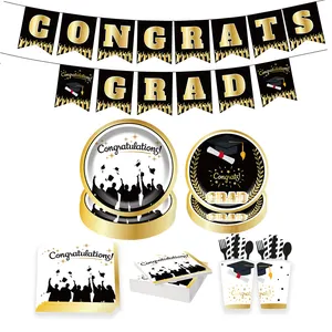 2022 Newest Design 16 Guest Party Decoration Black Gold Graduation Party Tableware