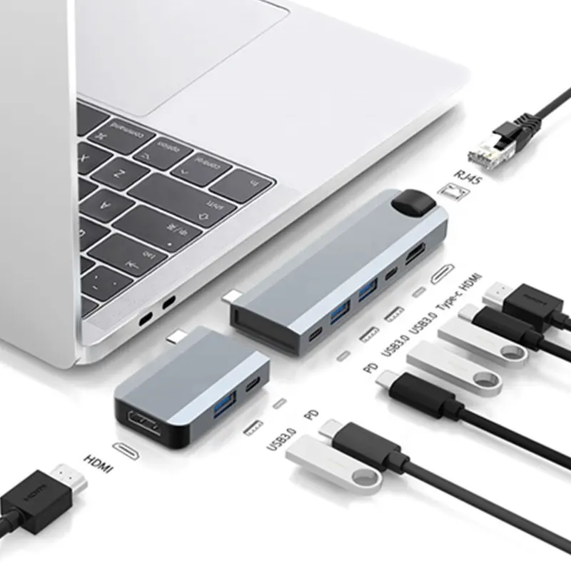 Removable 9 in 1 USB C Dual HDMI Hub , Magnetic Separated Modular USB C Ethernet Hub for MacBook Air/MacBook Pro / iPad Pro etc