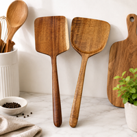 Ensemble de 2 spatules en bois naturel, ustensiles de cuisine avec tête large de 11 cm et 13 cm pour la friture, écologiques, pour un usage domestique