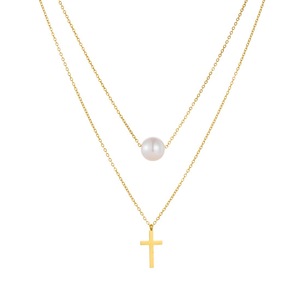 Ensemble de colliers superposés en acier inoxydable plaqué or 18 carats Lumiara - Collier minimaliste à maillons géométriques avec perles pour femmes - Product Image 2