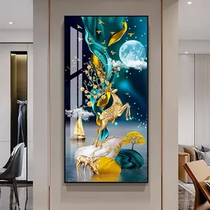 Peinture de décoration personnalisée de luxe wapiti pleine lune art mural moderne peinture en porcelaine de cristal pour la décoration intérieure du salon