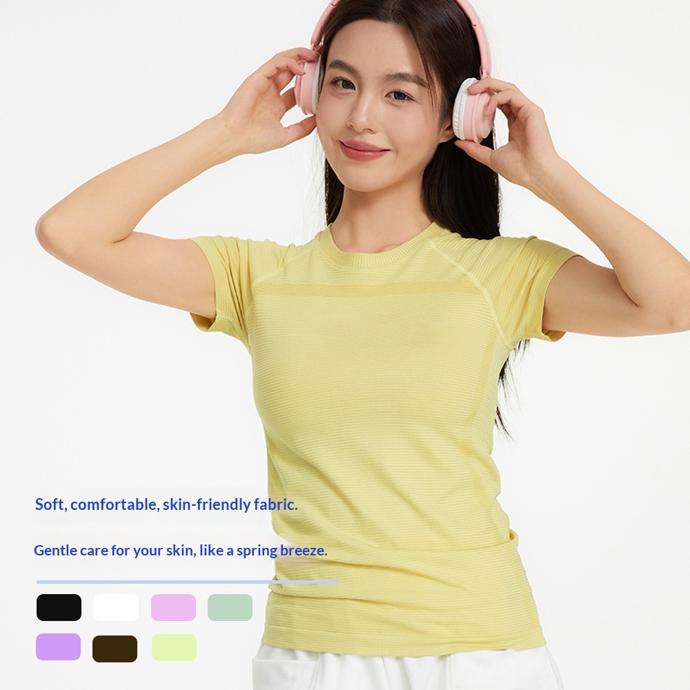 Lulu Women's Striped 100% Nylon Sports Quick-Drying Yoga Fitness Running Seamless Short Sleeve T-Shirt