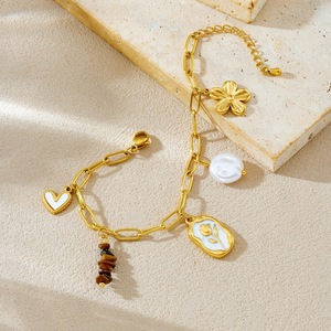 Elegant Gold Tone Necklace And <b>Bracelet</b> <b>Set</b> With Pearl Flower Heart Charms For Women Everyday Wear - Product Image 3