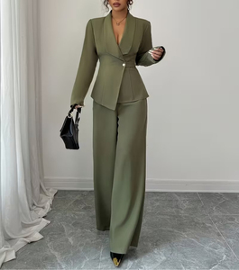Ensemble Blazer et <span class=keywords><strong>Pantalon</strong></span> Large à Manches Longues Solide Automne Hiver Vêtements de Travail <span class=keywords><strong>Pantalon</strong></span> de Costume Élégant Blazer Femme de Bureau Deux Pièces - Product Image 5
