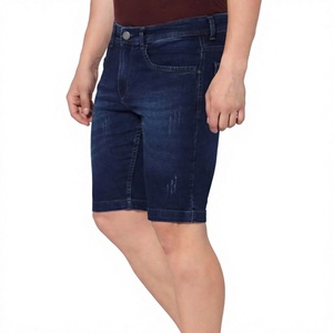 Shorts de maternité en jean tricoté pour homme, coupe décontractée, patchwork, effet usé, taille élastique, séchage rapide - Product Image 1