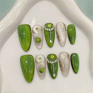 Uñas Postizas Hechas a Mano con Forma de Almendra, Color Verde Ojo de Gato, Primavera/Verano, Juego de Uñas Largas para Decoración de Uñas, 10 Piezas, GZ RTS, Pedido Mixto al por Mayor - Product Image 2