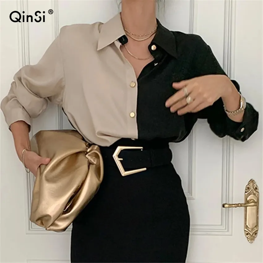 Bclout/qinsi camisa casual para mulheres, novas roupas moda outono escritório senhora gola virada camisas para mulheres manga bufante blusa feminina