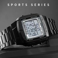 SKMEI 1381 Montre Électronique Digitale pour Homme en Acier Inoxydable, Jour/Date Lumineuse, Compte à Rebours, Cadran Carré, Alarme, Affichage LED