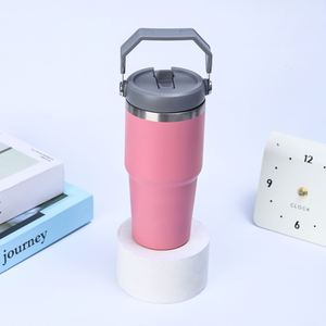 Gobelet isotherme sous vide 20oz 30oz avec poignée de transport pour voiture, couvercle, paille et base antidérapante pour thé chaud - Product Image 1