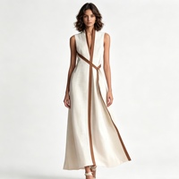 Robe longue en lin sans manches, de qualité standard, avec blocs de couleur, ceinture portefeuille et poches pour femme - Collection Sehe Fashion