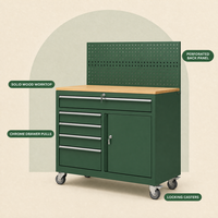 Chariot d'atelier robuste en acier vert avec plateau en bois, panneau perforé et tiroirs, pour garage et atelier