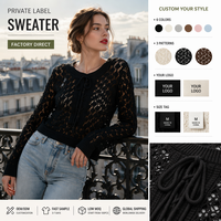 Haut en tricot crocheté pour femme en mélange lin-coton, à lacets, manches longues, col rond, motif ajouré, léger, style bohème, noir, pour l'été