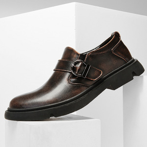 Chaussures habillées rétro en cuir pour hommes, printemps-automne, bout rond, boucle, en cuir de vachette, grande taille 46, cousues, chaussures de ville de luxe léger - Product Image 1