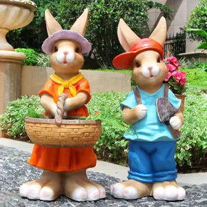 Outdoor Decor Garden Ornaments FRP Rabbit Easter Bunny Statue Cute Cartoon Animal Cart Plant Pot Resin Crafts Rabbit Statues