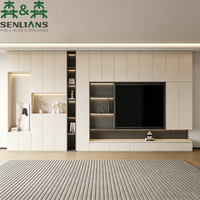 Meuble TV mural intégré SLS moderne et minimaliste, console multimédia de luxe avec rangement intégral, écran LED et panneaux cannelés