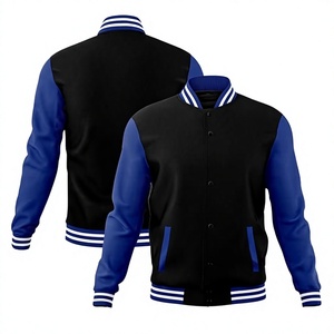 Veste universitaire noire et bleu roi pour homme avec bordure à rayures blanches, style preppy, coupe classique, matière polyester, col rabattu - Product Image 1
