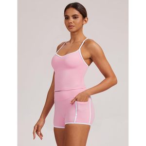 Conjunto Deportivo de 2 Piezas para Mujer, Top Deportivo Cruzado, Pantalones Cortos de Cintura Alta, Ropa Deportiva de Yoga con Bolsillos, Spandex, Poliéster - Product Image 3