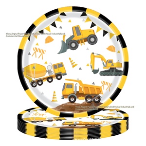 Vaisselle de fête d'anniversaire sur le thème des engins de chantier pour garçon, décorations jaunes d'excavatrice, plateaux en papier ronds/carrés, gobelets, serviettes jetables - Product Image 2