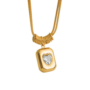Collier en acier titane haut de gamme à double couche avec pendentif cœur géométrique rétro et chaîne serpent. - Product Image 2